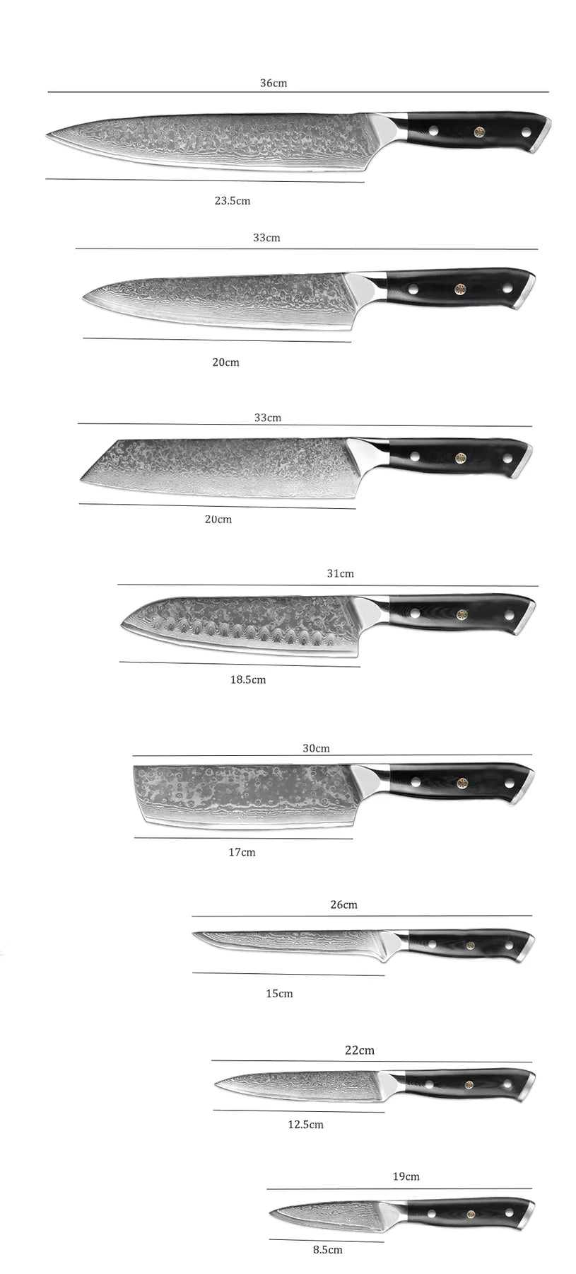 Elegance Nero Series: 7-Piece Damascus Knife Set