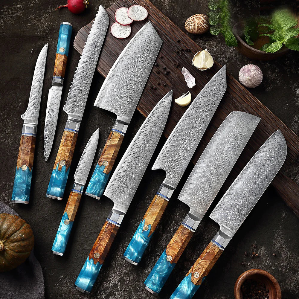 Elegance Ocean Series: 9-Piece Damascus Knife Set